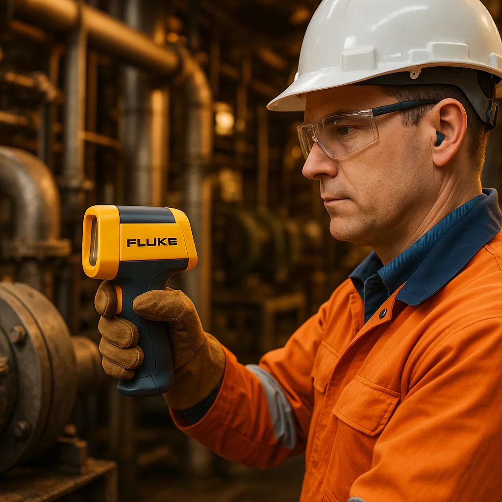 Kỹ sư công nghiệp sử dụng nhiệt kế hồng ngoại Fluke để đo nhiệt độ thiết bị trong nhà máy, đảm bảo an toàn và chính xác.