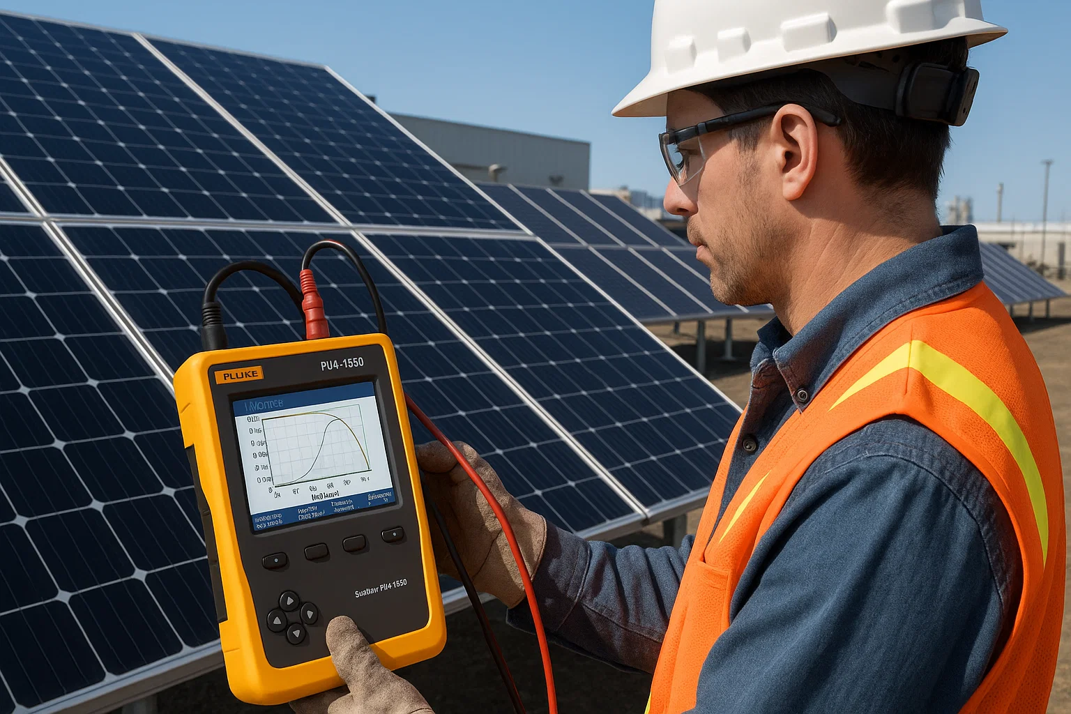 Kỹ sư đo đường cong I-V của hệ thống PV bằng Fluke Solmetric PVA-1500.