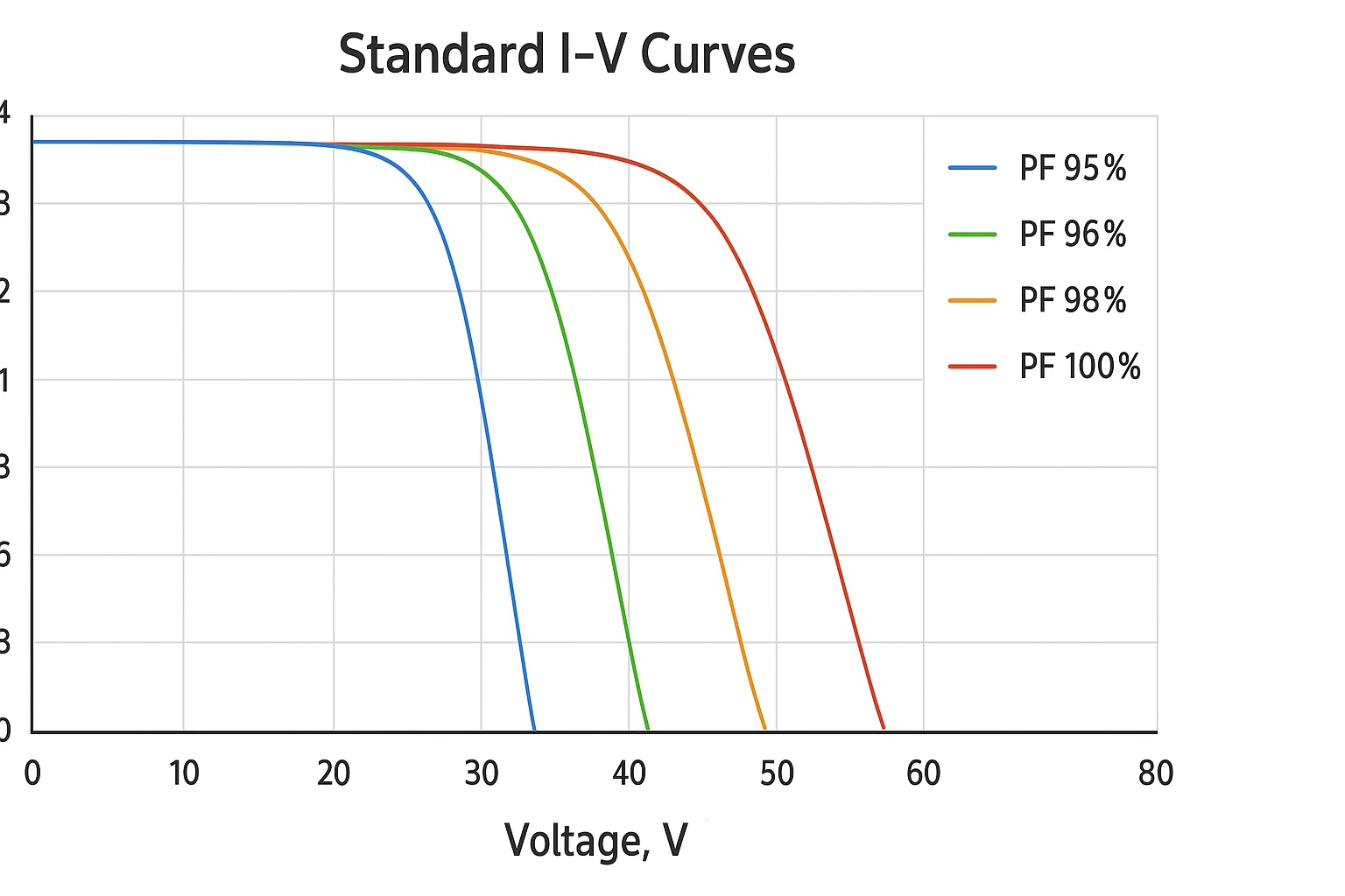 Ví dụ đường cong I-V chuẩn và hiệu suất PF đạt 95–100%.