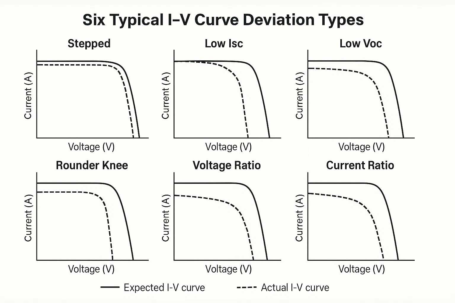 Minh họa 6 dạng sai lệch đường cong I-V thường gặp trong hệ thống PV.