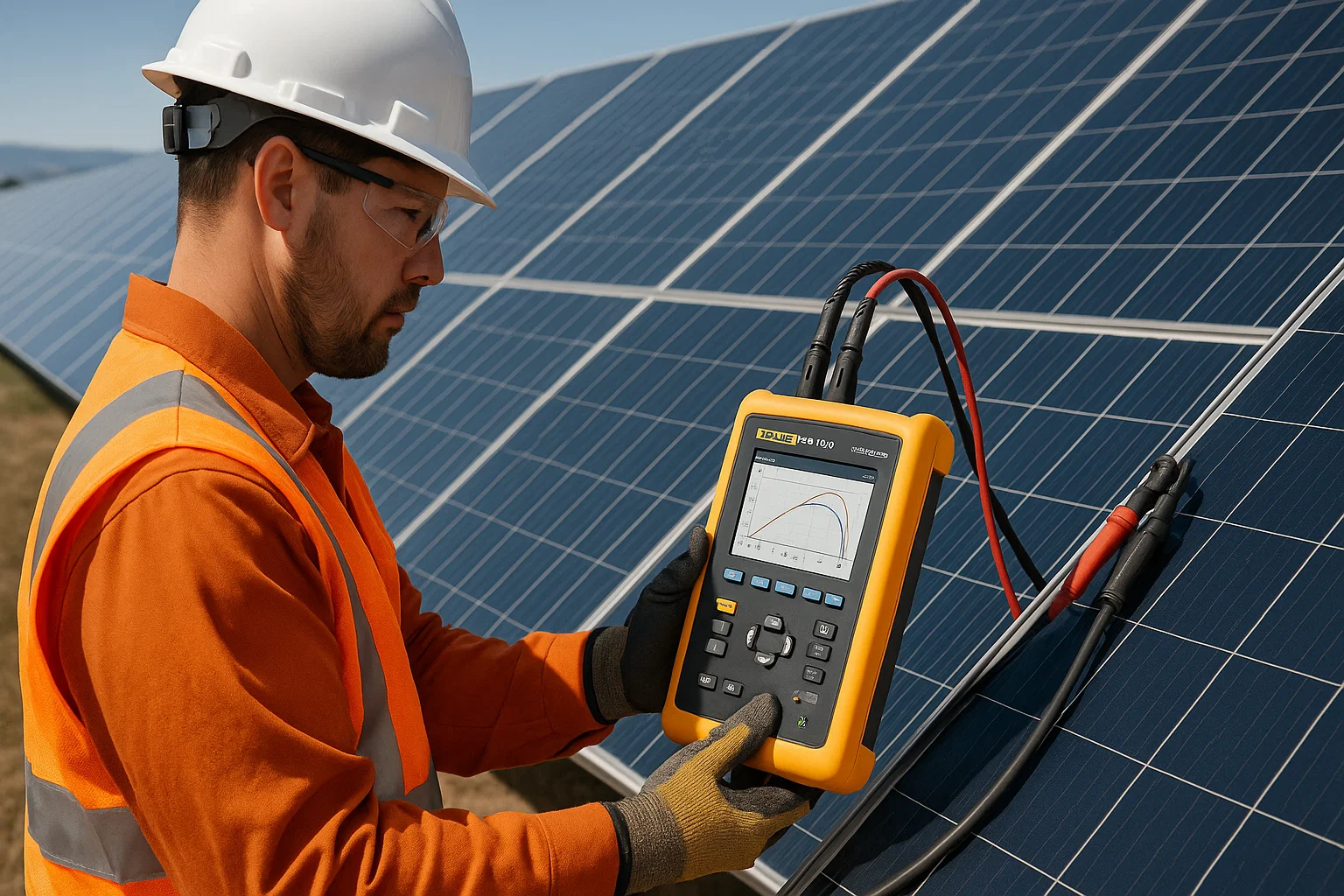 Kỹ sư vận hành Fluke PVA-1500 kiểm tra hiệu suất hệ thống PV.