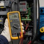 Đồng hồ vạn năng Fluke 87V được kỹ thuật viên sử dụng để kiểm tra biến tần và tủ điện trong môi trường công nghiệp.