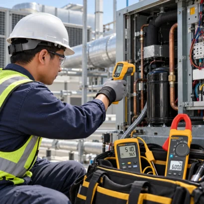 Kỹ thuật viên kiểm tra hệ thống HVAC bằng bộ thiết bị đo nhiệt Fluke