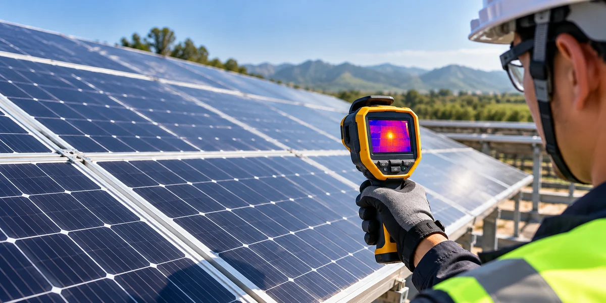 Kỹ thuật viên sử dụng camera nhiệt quét tấm pin mặt trời để nhận diện vùng nóng bất thường