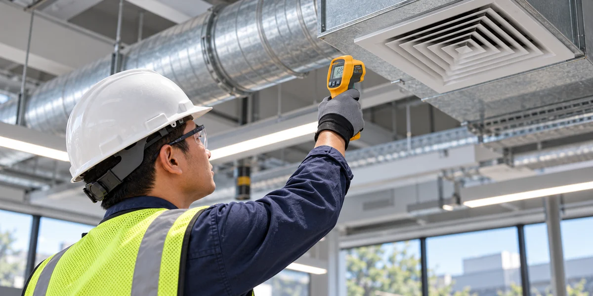 Kỹ thuật viên đo nhiệt HVAC không tiếp xúc tại cửa gió bằng nhiệt kế hồng ngoại