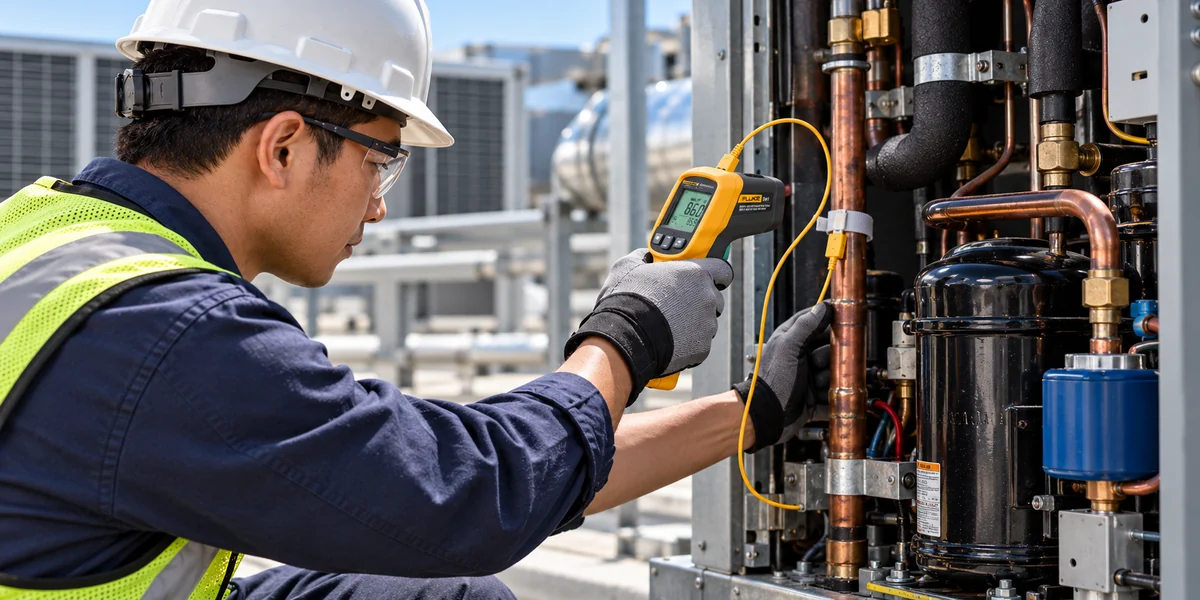 Kỹ thuật viên kết hợp đo hồng ngoại và đầu dò tiếp xúc trên đường ống HVAC