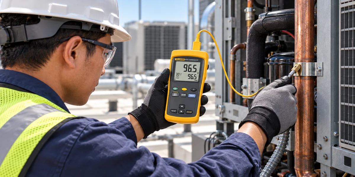 Kỹ thuật viên đo nhiệt độ tiếp xúc trên ống đồng của hệ thống HVAC