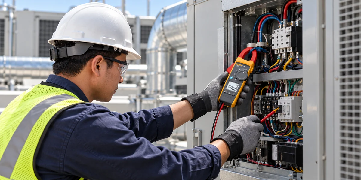 Kỹ thuật viên kiểm tra dòng điện và thông số điện trong tủ điều khiển HVAC bằng ampe kìm