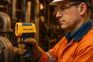 Kỹ sư công nghiệp sử dụng nhiệt kế hồng ngoại Fluke để đo nhiệt độ thiết bị trong nhà máy, đảm bảo an toàn và chính xác.