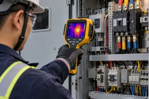 Kỹ sư kiểm tra tủ điện công nghiệp bằng camera nhiệt chuyên nghiệp tại nhà máy