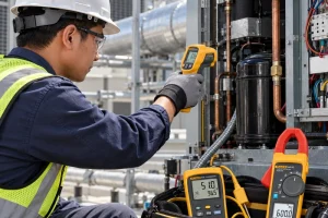Kỹ thuật viên kiểm tra hệ thống HVAC bằng bộ thiết bị đo nhiệt Fluke