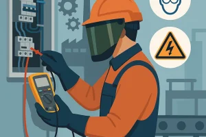 kỹ thuật viên sử dụng thiết bị đo Fluke trong môi trường công nghiệp an toàn