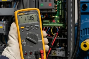 Đồng hồ vạn năng Fluke 87V được kỹ thuật viên sử dụng để kiểm tra biến tần và tủ điện trong môi trường công nghiệp.